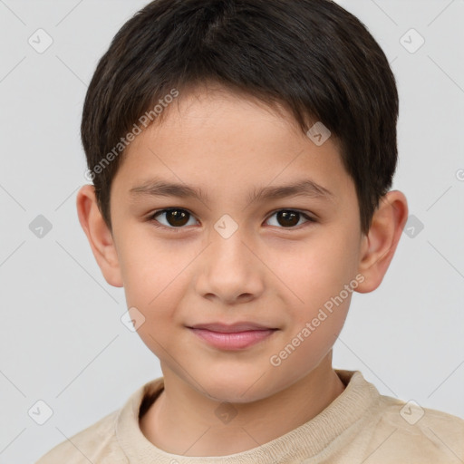 Joyful white child male with short  brown hair and brown eyes