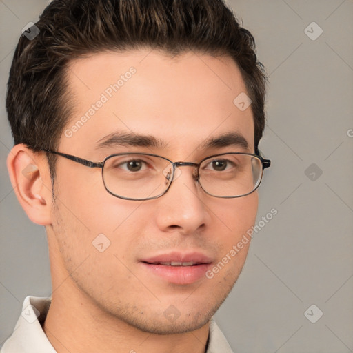 Neutral white young-adult male with short  brown hair and brown eyes