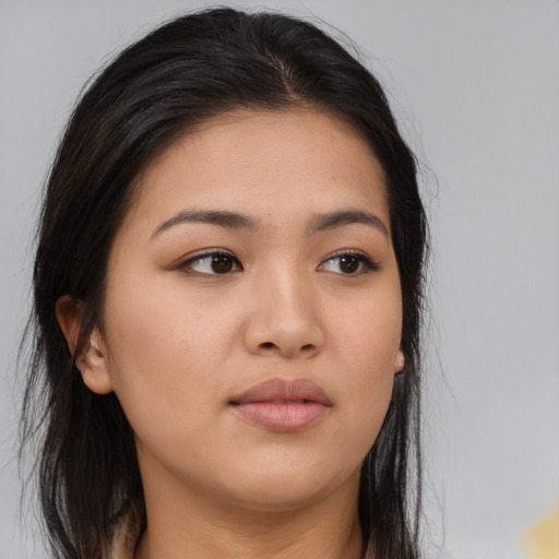 Neutral asian young-adult female with long  brown hair and brown eyes