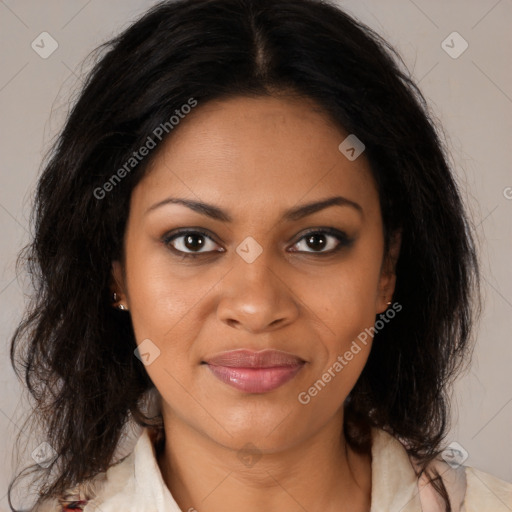 Joyful black young-adult female with medium  brown hair and brown eyes