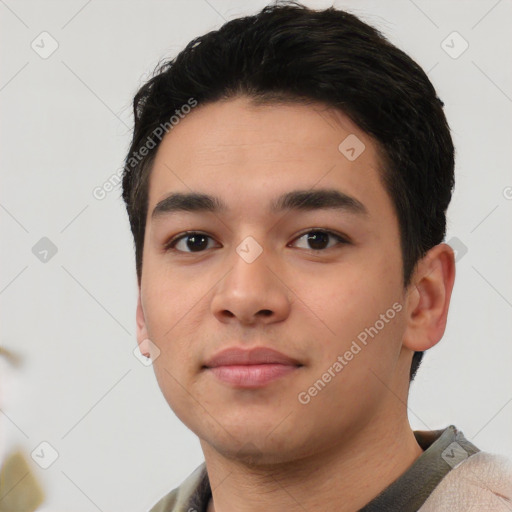 Neutral white young-adult male with short  black hair and brown eyes