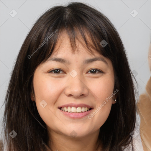 Joyful white young-adult female with long  brown hair and brown eyes