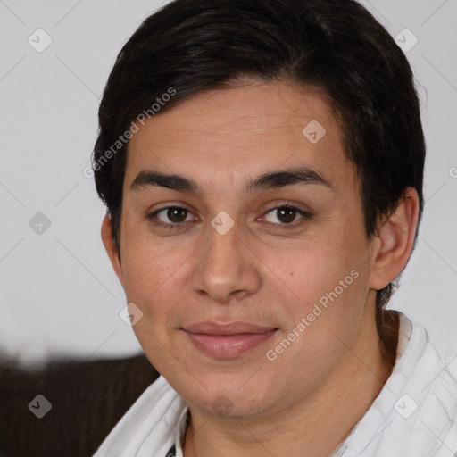 Joyful white young-adult female with short  brown hair and brown eyes