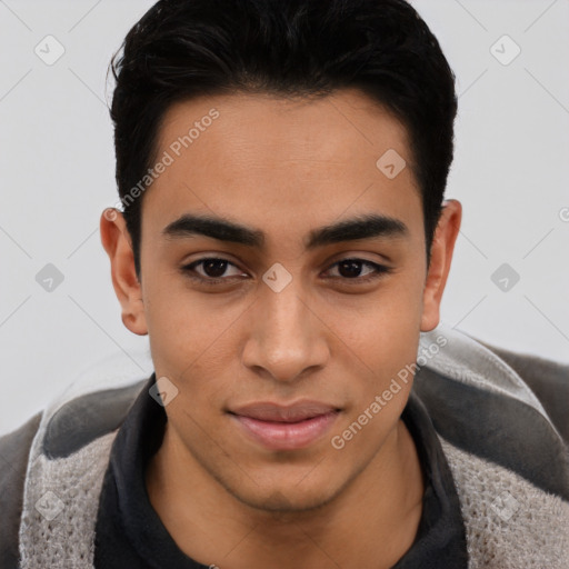 Joyful latino young-adult male with short  black hair and brown eyes