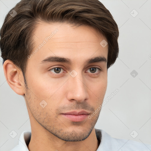 Neutral white young-adult male with short  brown hair and brown eyes