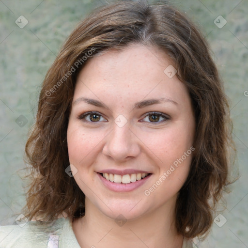 Joyful white young-adult female with medium  brown hair and green eyes