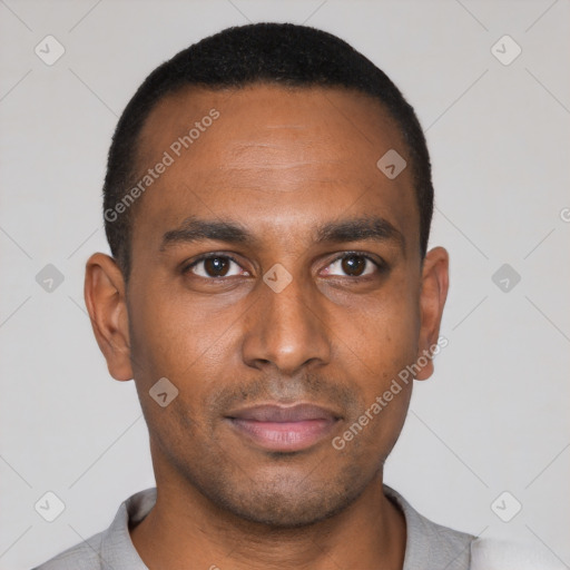 Neutral latino young-adult male with short  black hair and brown eyes