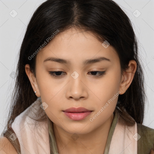 Joyful asian young-adult female with long  brown hair and brown eyes