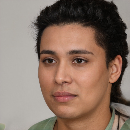 Joyful white young-adult female with short  black hair and brown eyes