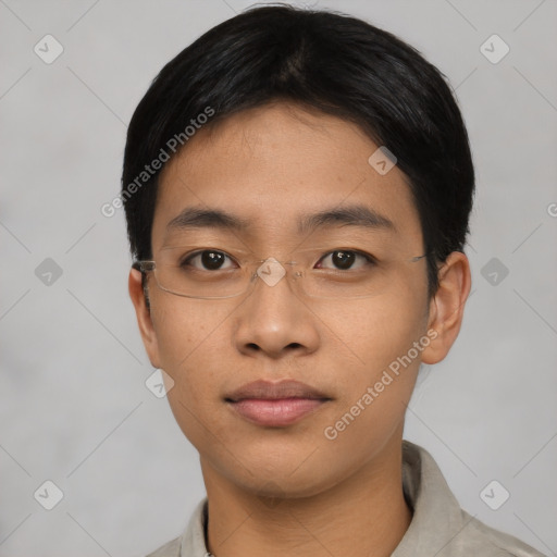 Neutral asian young-adult male with short  black hair and brown eyes