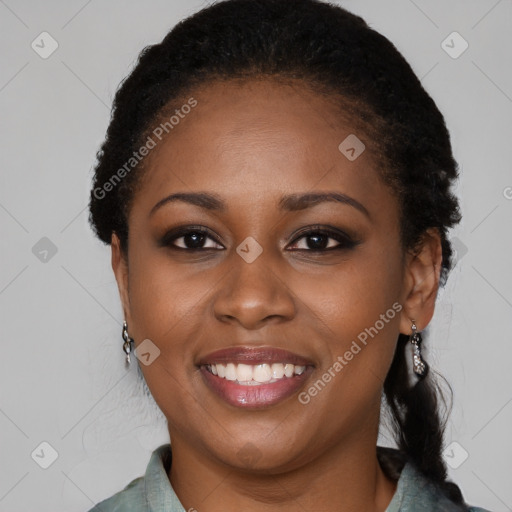 Joyful latino young-adult female with short  black hair and brown eyes