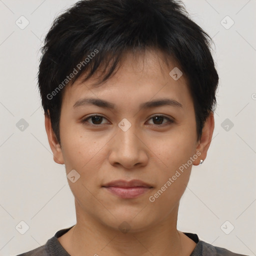 Joyful asian young-adult female with short  brown hair and brown eyes