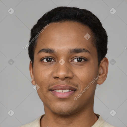 Joyful black young-adult male with short  black hair and brown eyes