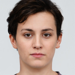 Neutral white young-adult female with short  brown hair and brown eyes