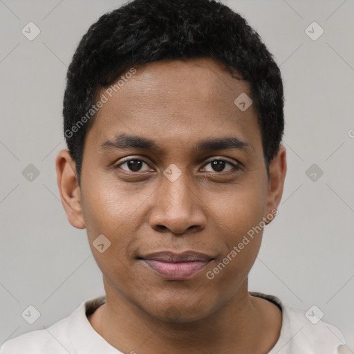 Joyful black young-adult male with short  black hair and brown eyes