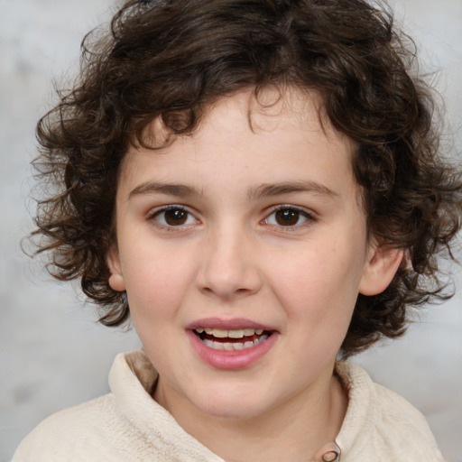 Joyful white child female with medium  brown hair and brown eyes