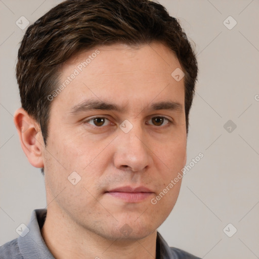 Neutral white young-adult male with short  brown hair and brown eyes