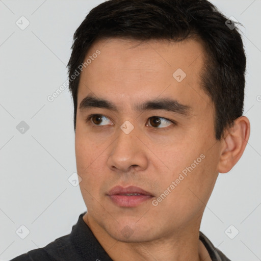 Neutral asian young-adult male with short  black hair and brown eyes