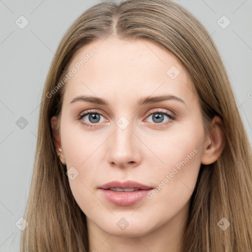 Neutral white young-adult female with long  brown hair and grey eyes