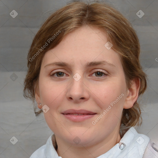 Joyful white young-adult female with medium  brown hair and blue eyes