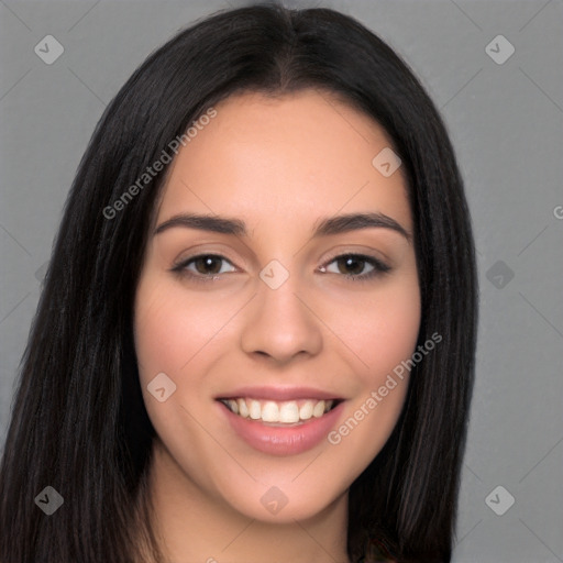 Joyful white young-adult female with long  black hair and brown eyes