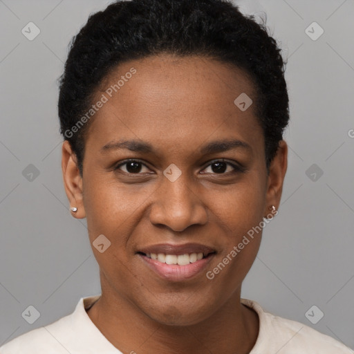 Joyful black young-adult female with short  black hair and brown eyes