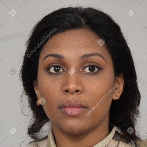 Neutral asian young-adult female with medium  brown hair and brown eyes