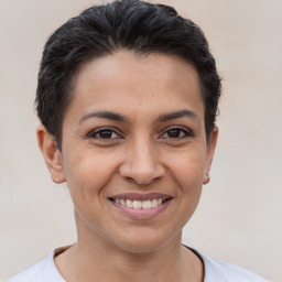 Joyful white young-adult female with short  brown hair and brown eyes