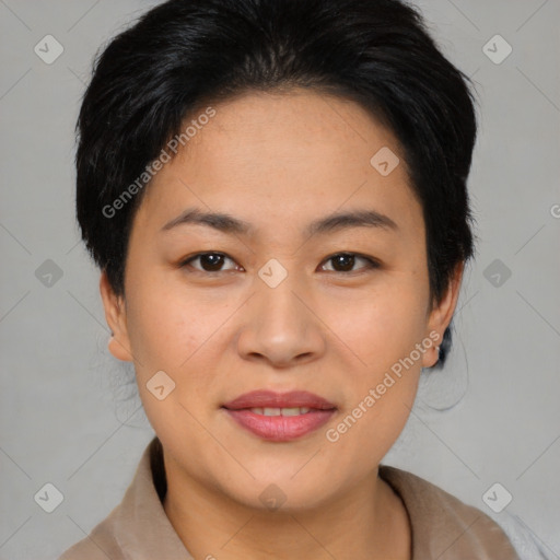 Joyful asian young-adult female with medium  brown hair and brown eyes