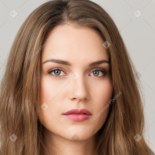 Neutral white young-adult female with long  brown hair and brown eyes