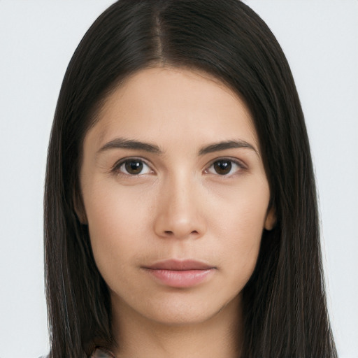 Neutral asian young-adult female with long  brown hair and brown eyes