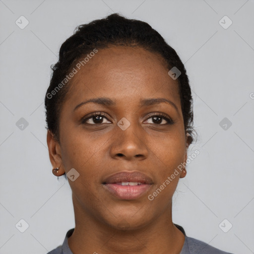 Neutral black young-adult female with short  brown hair and brown eyes