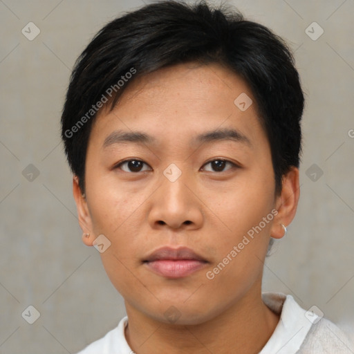 Neutral asian young-adult male with short  brown hair and brown eyes