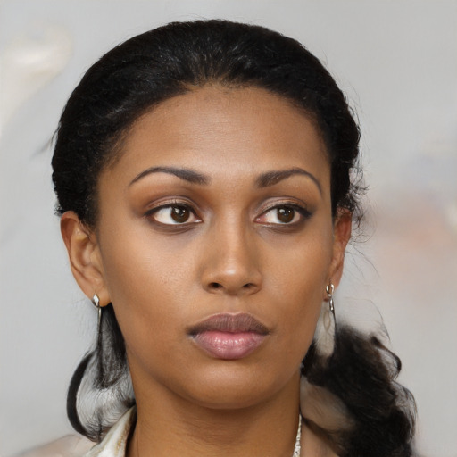Neutral latino young-adult female with medium  black hair and brown eyes