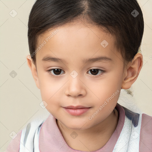 Joyful white child female with short  brown hair and brown eyes