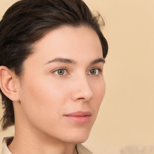 Neutral white young-adult female with short  brown hair and brown eyes