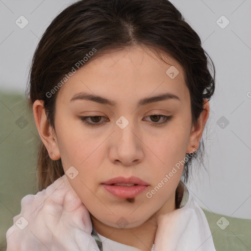 Neutral white young-adult female with medium  brown hair and brown eyes