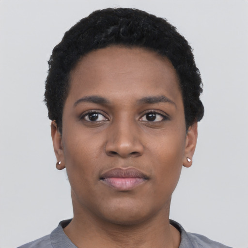 Neutral black young-adult female with short  black hair and brown eyes