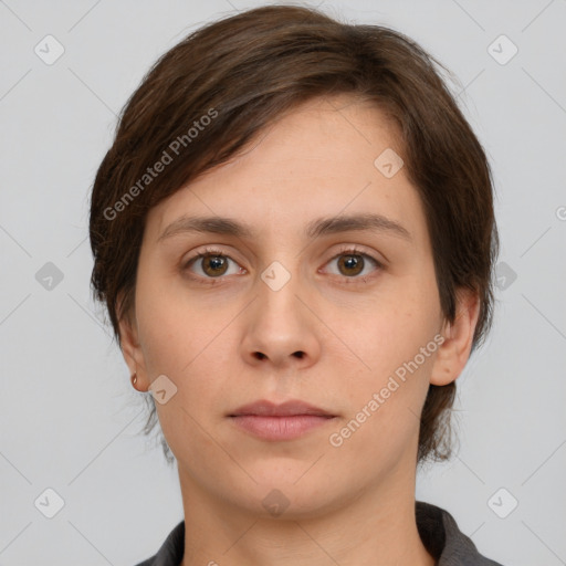 Neutral white young-adult female with medium  brown hair and brown eyes