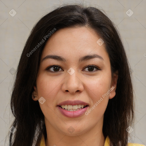 Joyful latino young-adult female with long  brown hair and brown eyes