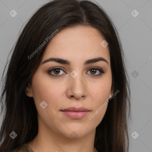 Neutral white young-adult female with long  brown hair and brown eyes