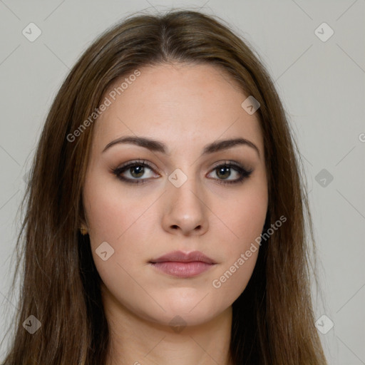 Neutral white young-adult female with long  brown hair and brown eyes