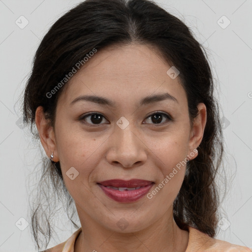 Joyful white adult female with medium  brown hair and brown eyes