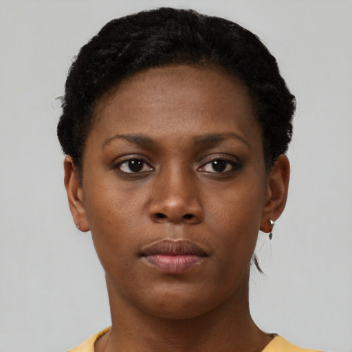 Neutral black young-adult female with short  brown hair and brown eyes