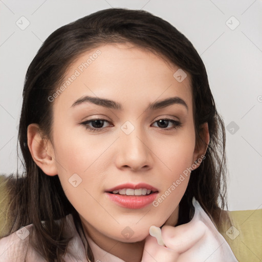 Neutral white young-adult female with long  brown hair and brown eyes