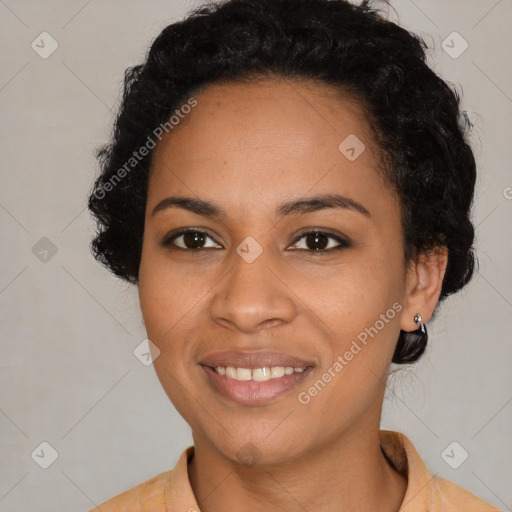 Joyful latino young-adult female with medium  black hair and brown eyes