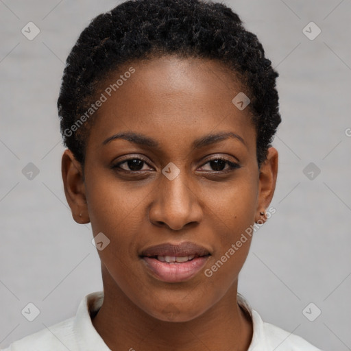 Joyful black young-adult female with short  black hair and brown eyes