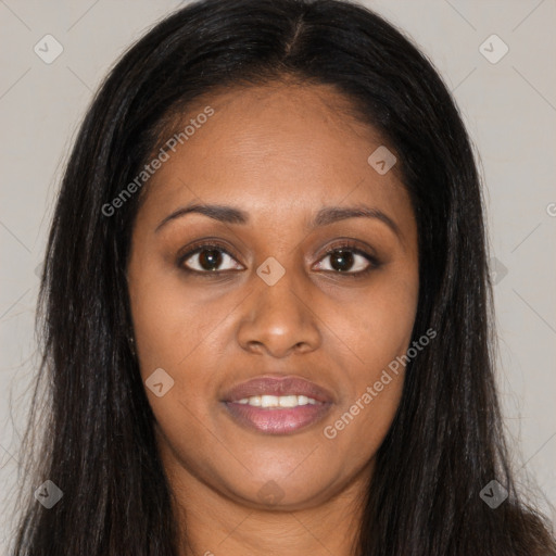 Joyful asian young-adult female with long  brown hair and brown eyes