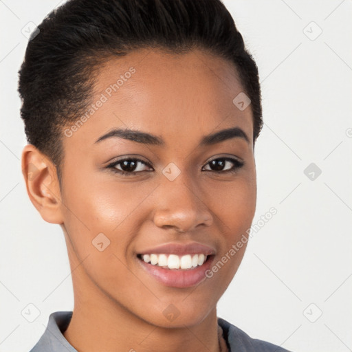 Joyful latino young-adult female with short  brown hair and brown eyes