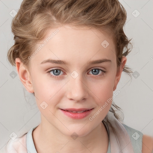 Joyful white child female with medium  brown hair and blue eyes